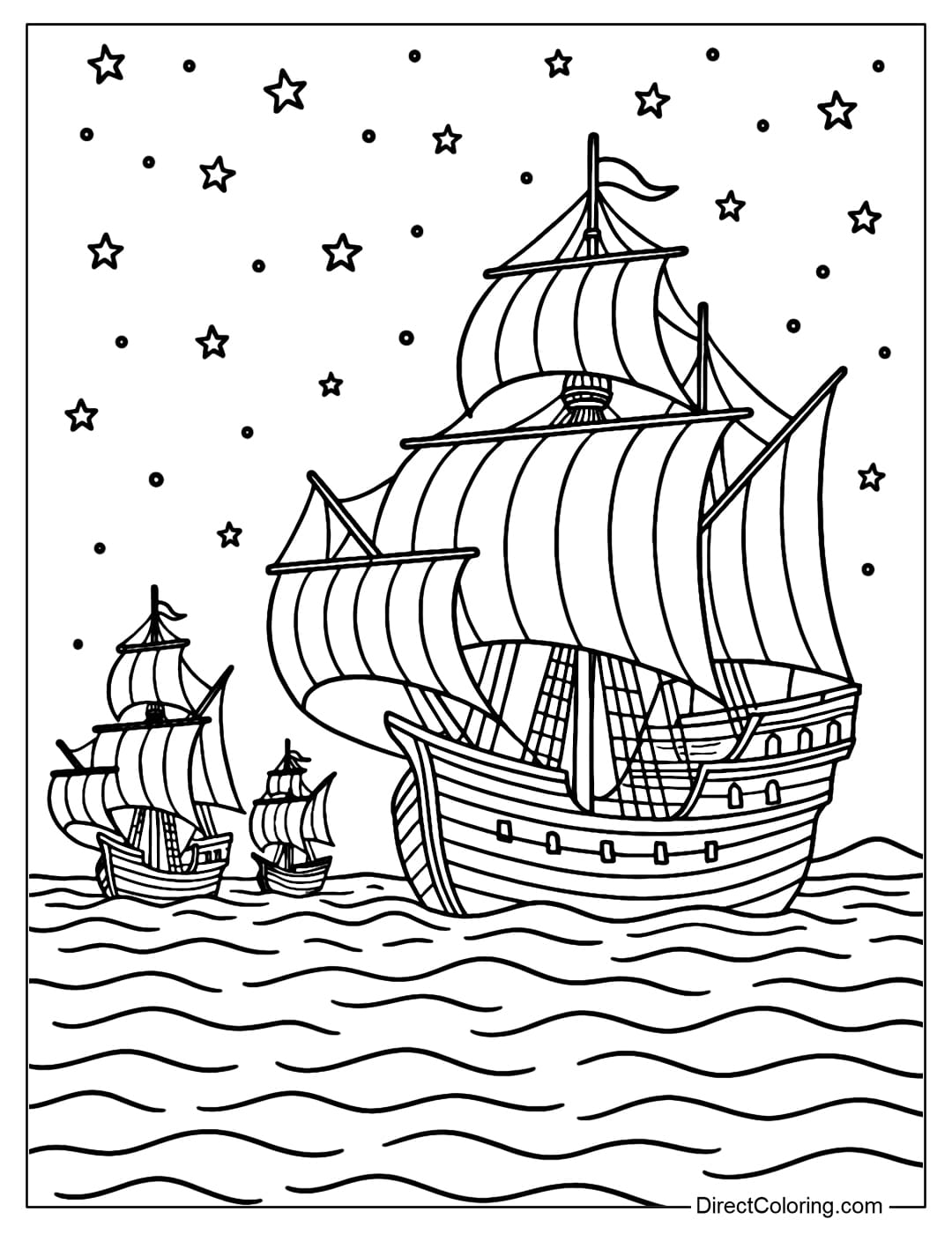Coloring page of the Niba, Pinta, and Santa Maria fleets raising large sails, the sea stretches out, the sky is full of stars.