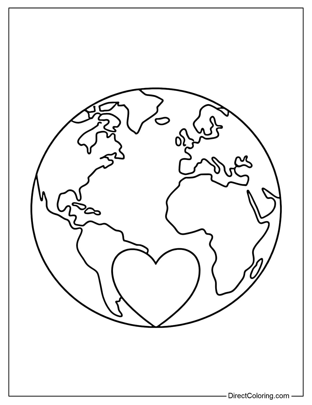 A coloring page featuring a large Earth with a small heart in front, symbolizing love for the planet.