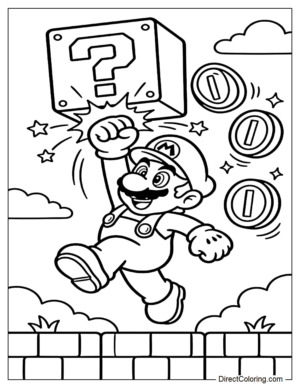 Mario jumps up to hit a large Question Block above his head, with a few big coins nearby.