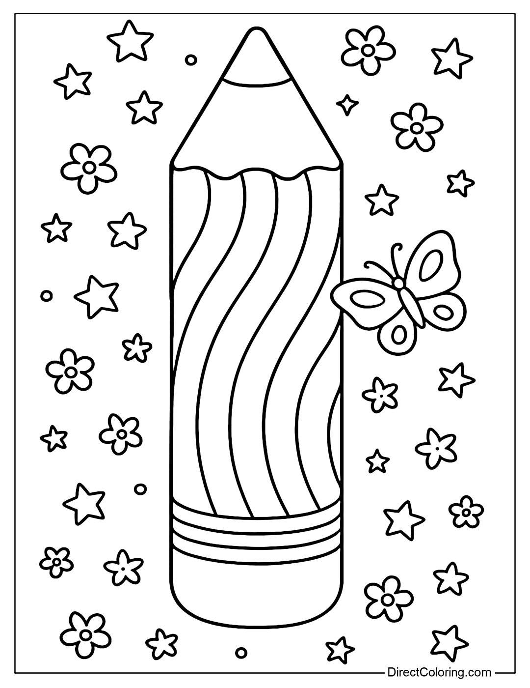 Coloring page of a giant pencil with rainbow stripes, decorated with stars, flowers and butterflies.