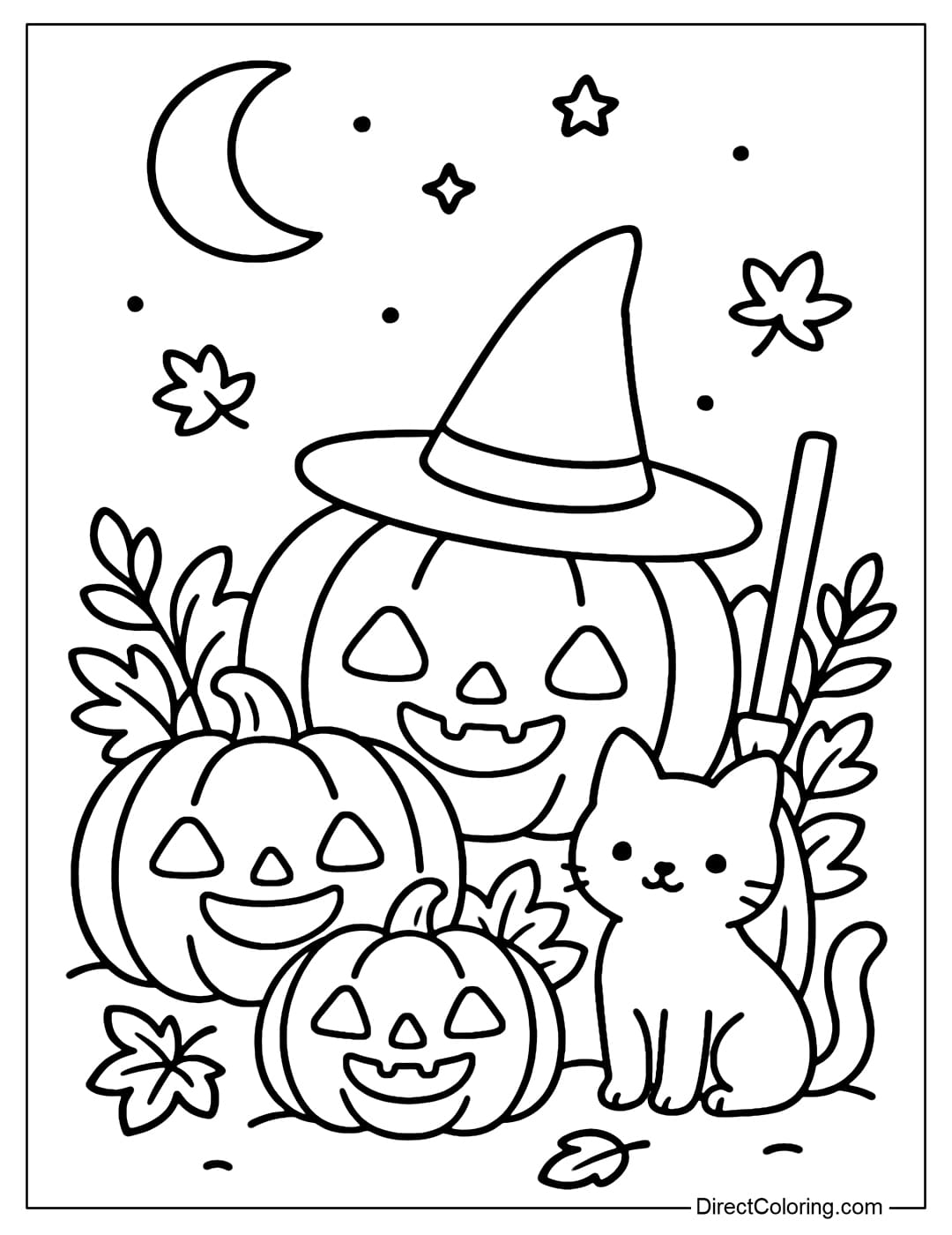 A Halloween garden coloring page with many large and small pumpkin lanterns, and a black cat next to it.
