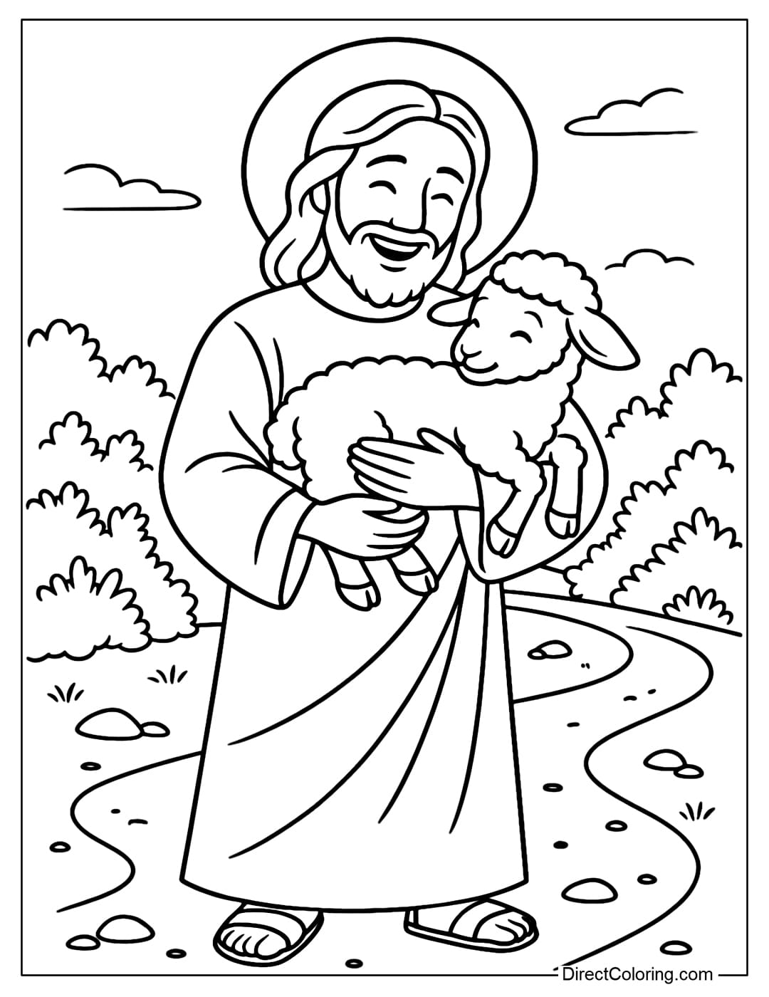 Jesus Coloring Page holding the lost lamb in his arms, surrounded by bushes, small rocks and a path.