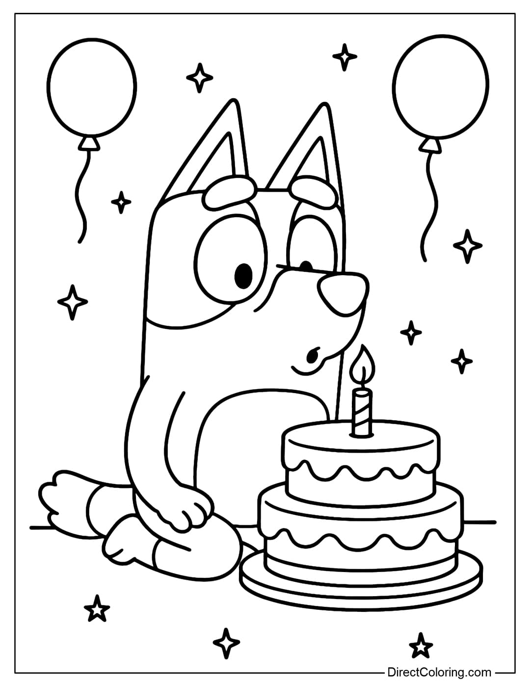 Bluey Coloring Page sitting in front of a multi-tiered birthday cake, mouth preparing to blow out the candles.