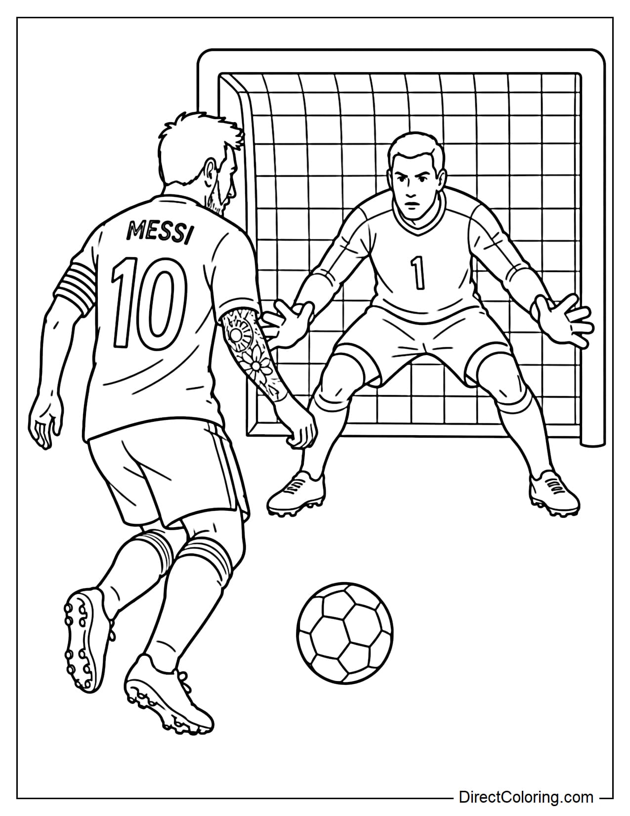 Lionel Messi facing the goalkeeper in a one-on-one situation, with a simple goal behind him and the ball between them.