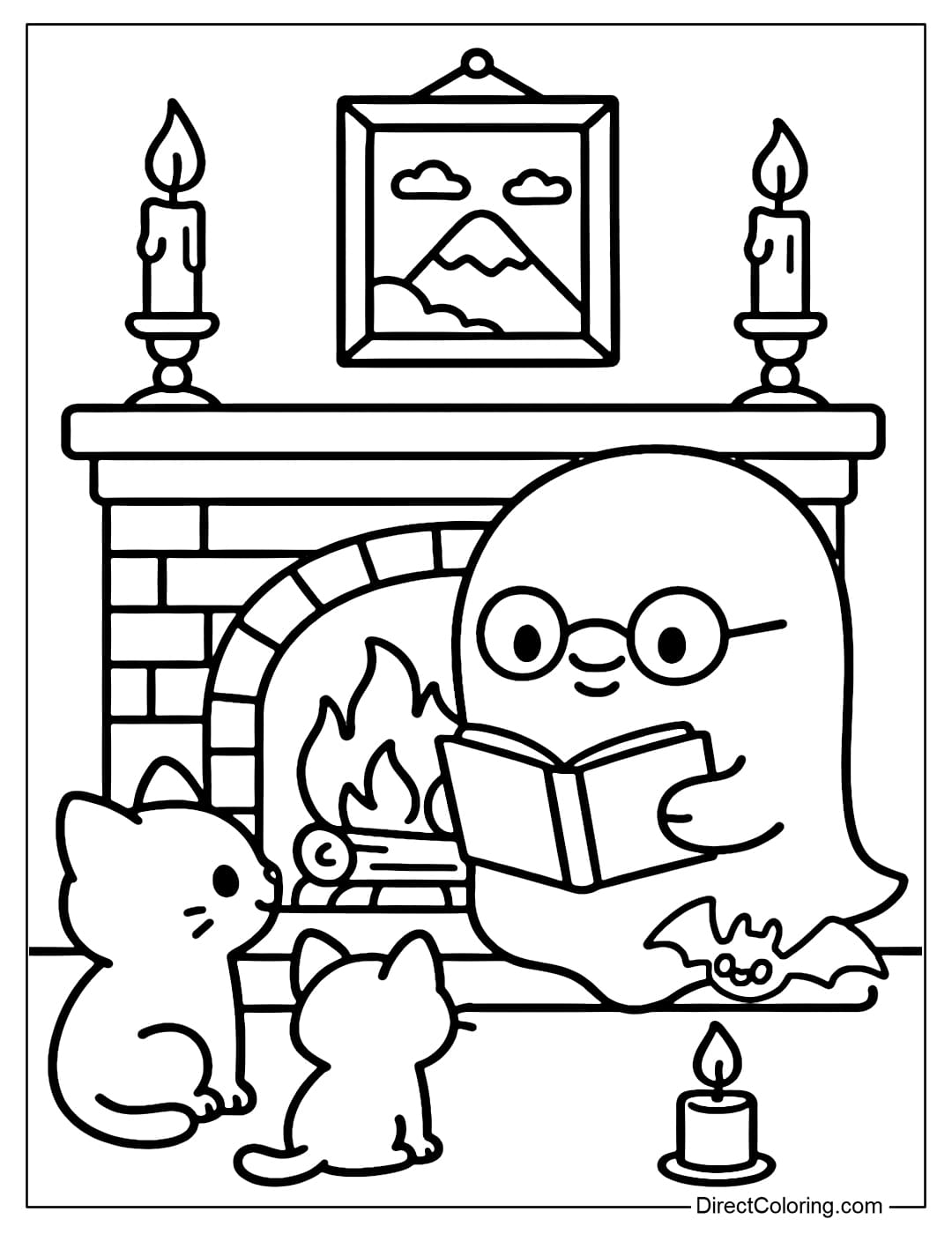 An ancient fireplace coloring page, an old ghost telling stories to a kitten and a little bat, surrounded by candlelight and sparkling wall paintings.