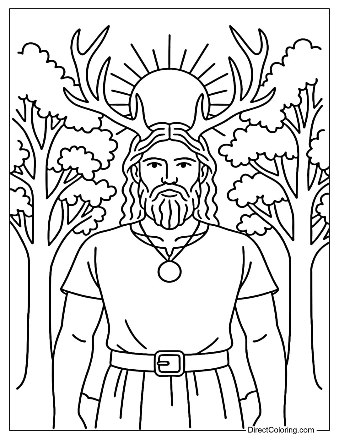 Horned God Coloring Page with antlers, surrounded by forest trees and the sun.