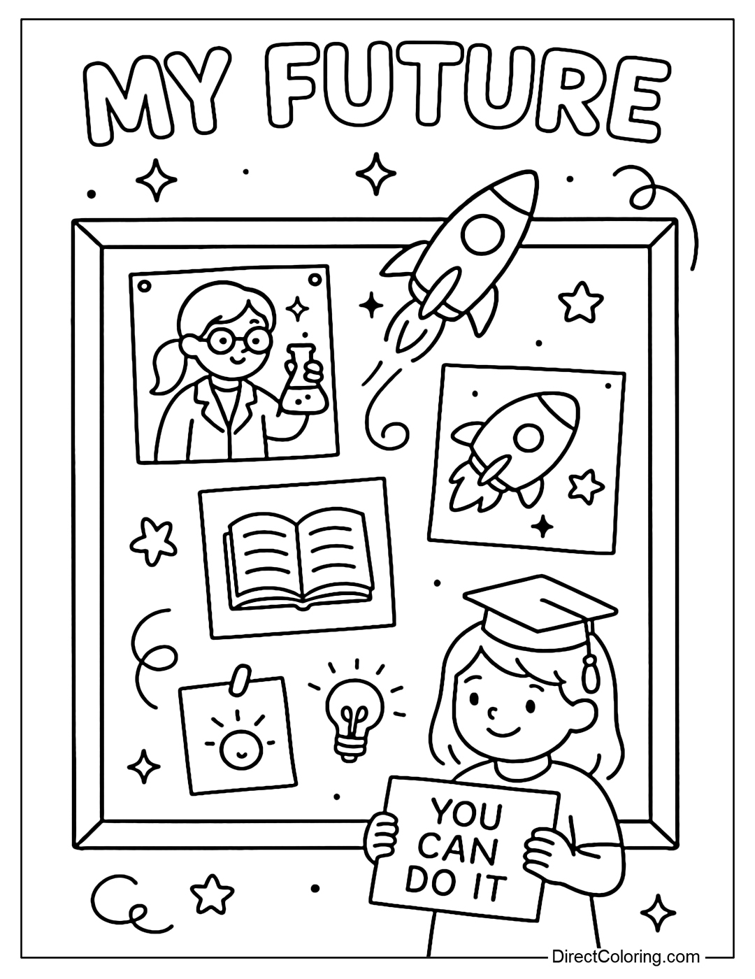A coloring page to color future boards with drawings of dreams and learning ambitions.