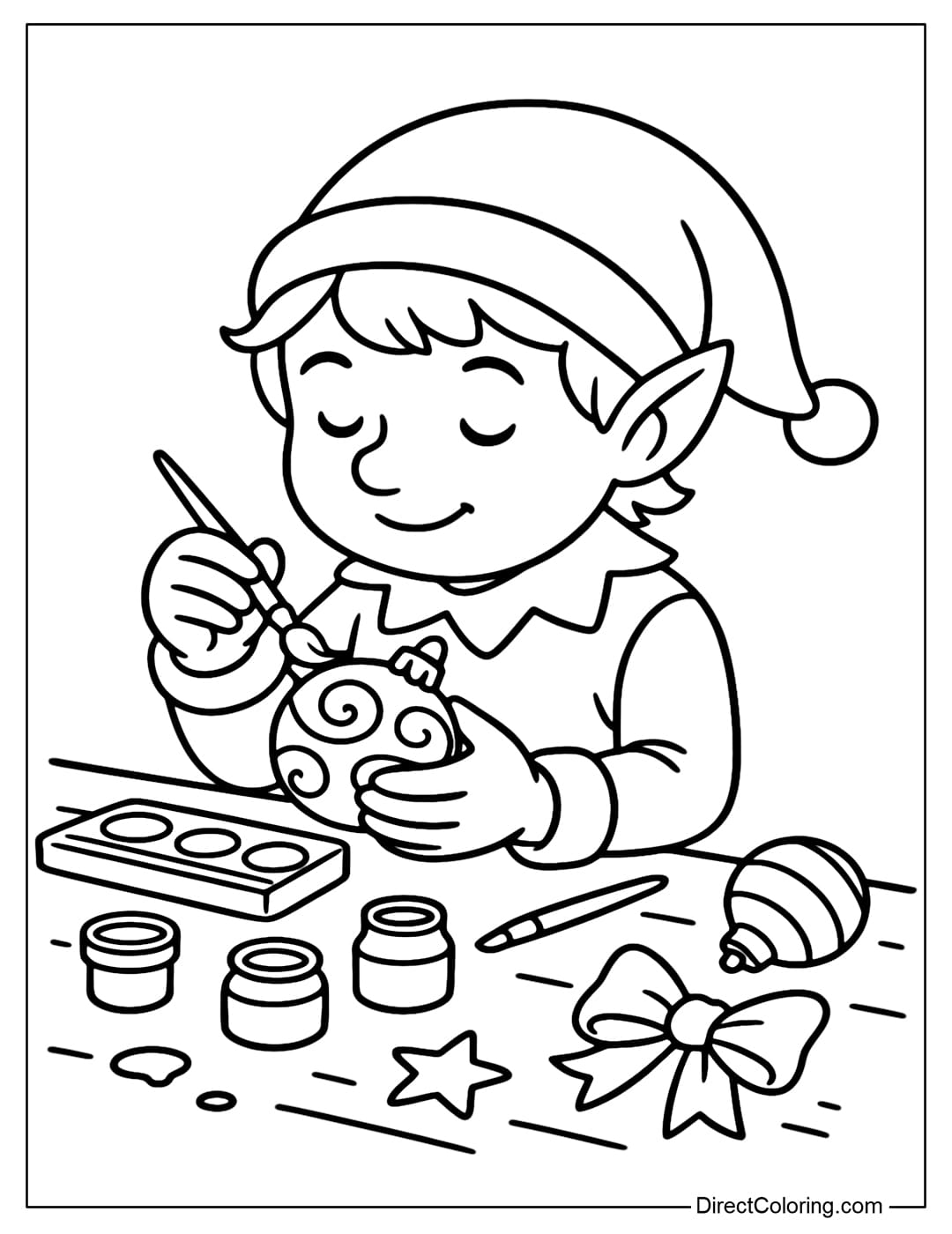 Elf coloring page meticulously coloring Christmas baubles, desk full of paints, brushes and things.