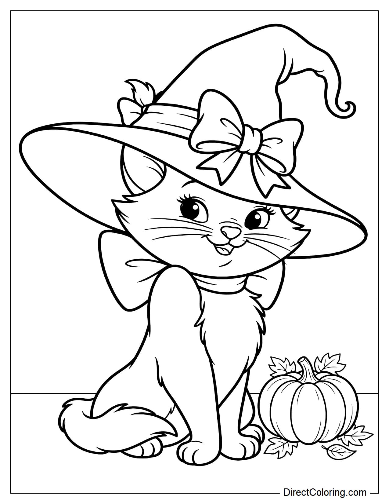 Marie the cat wears a large witch hat decorated with a pretty bow and sits beside a small pumpkin.