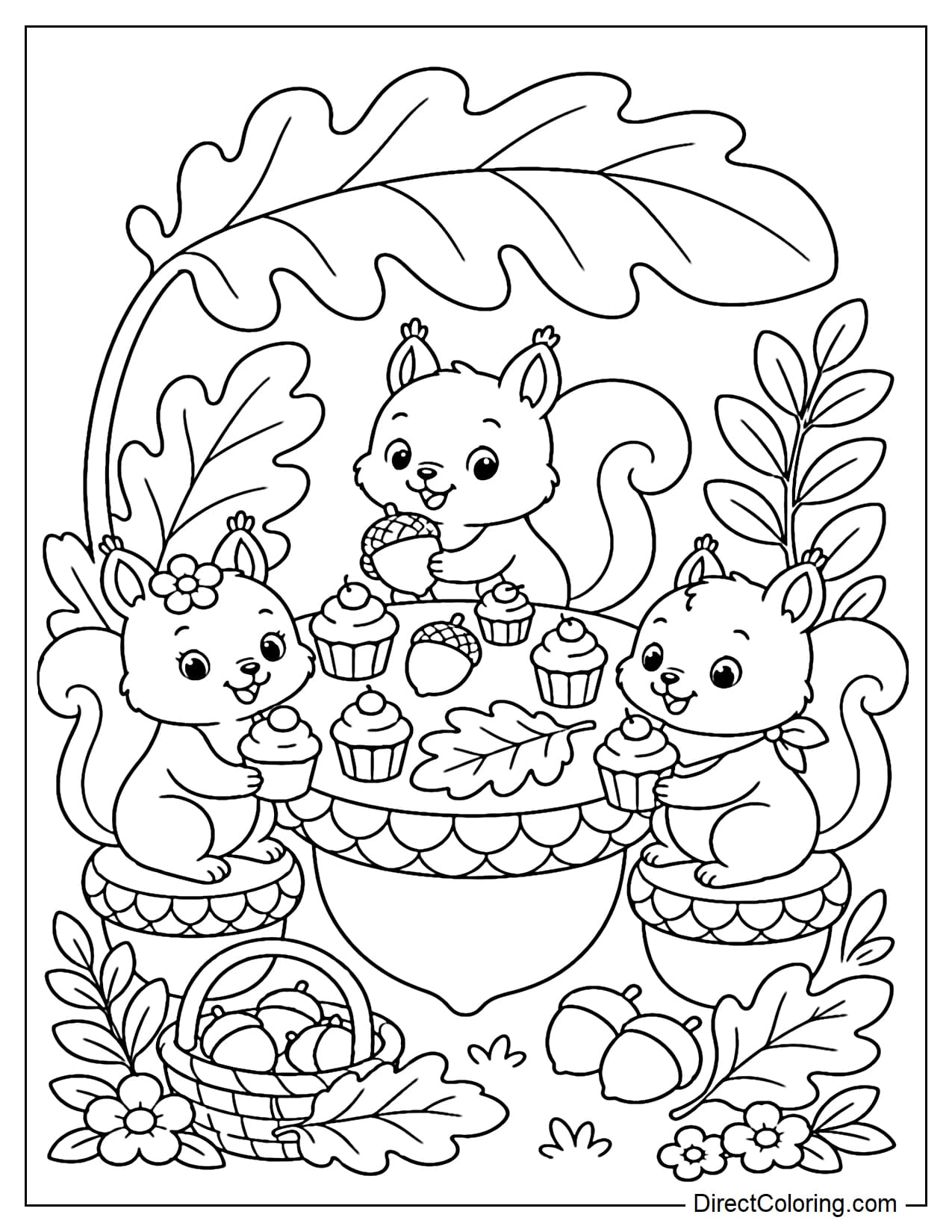Little squirrels are having a picnic with giant acorns as a table, with mini cupcakes and large leaves.