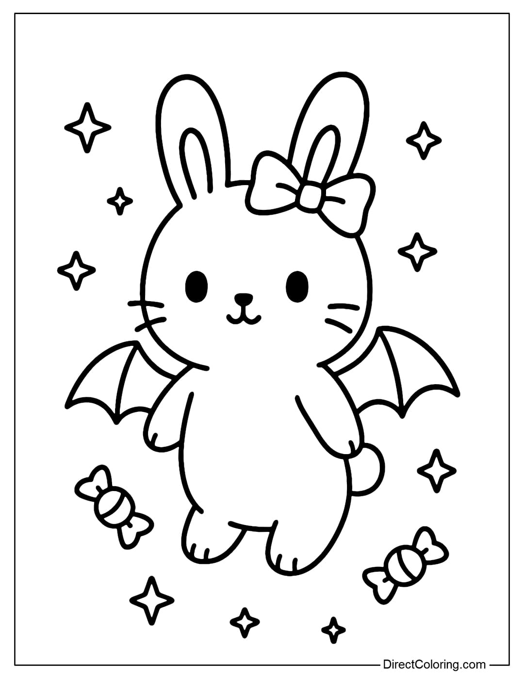 A coloring page of a cute bunny wearing small bat wings on its back, its ears perked up and tied with a ribbon.