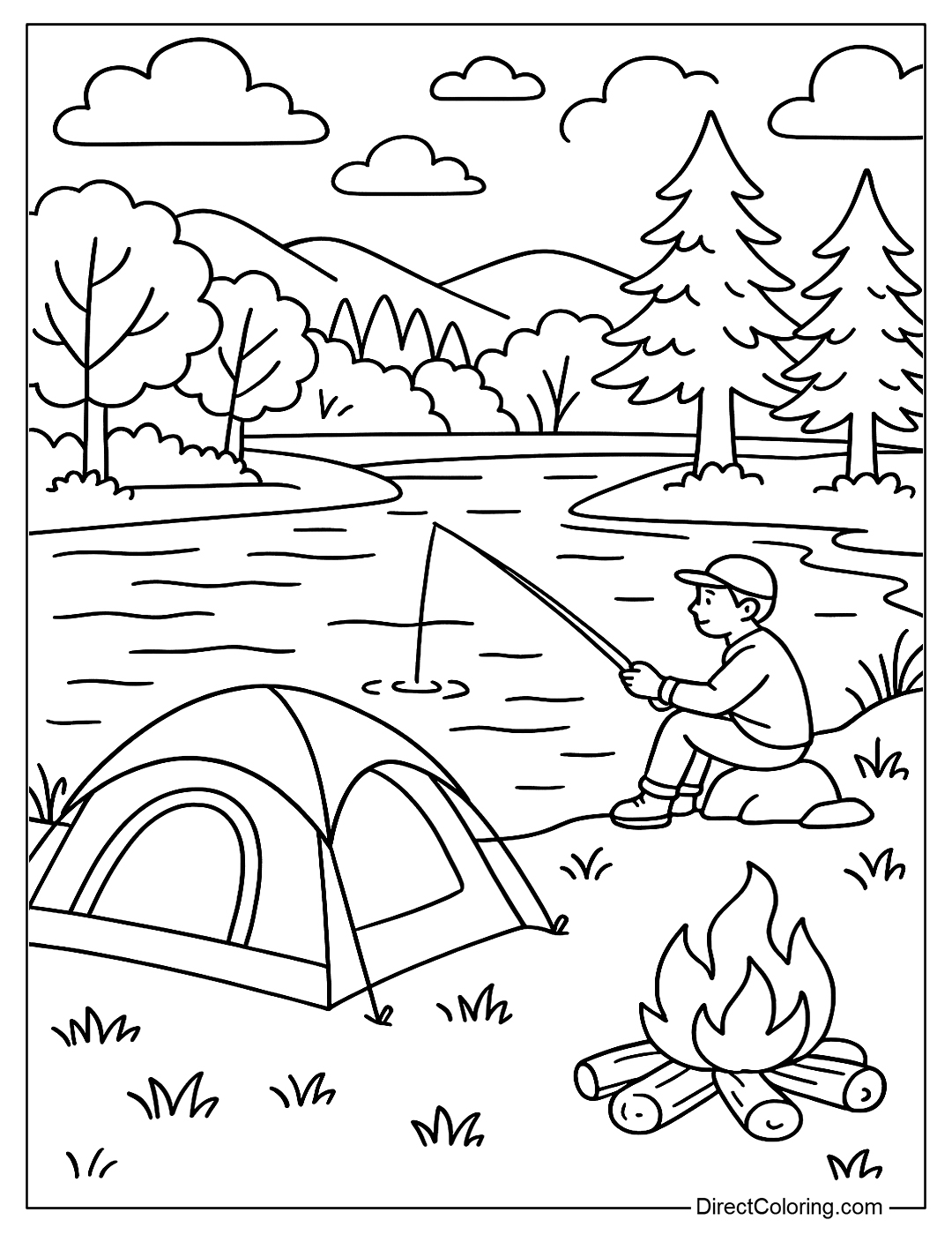 a coloring page of a camping scene by the lake, with people fishing near the shore