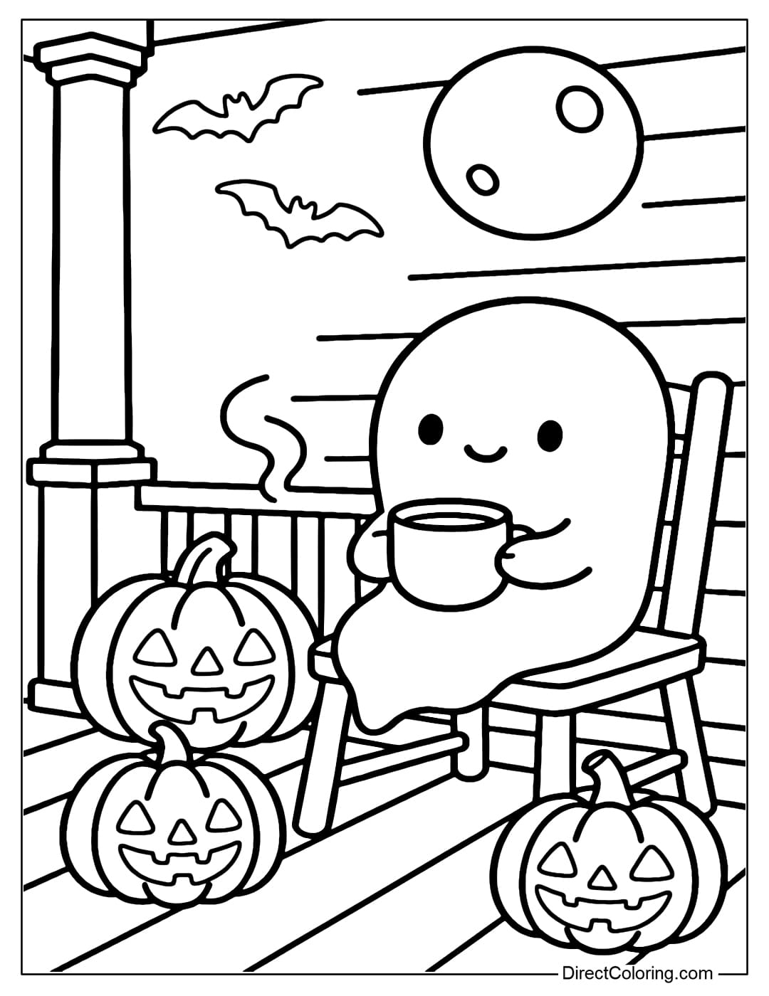 A cozy porch coloring page, a little ghost drinking hot cocoa, surrounded by lighted pumpkins and a sky with a full moon and flying bats.
