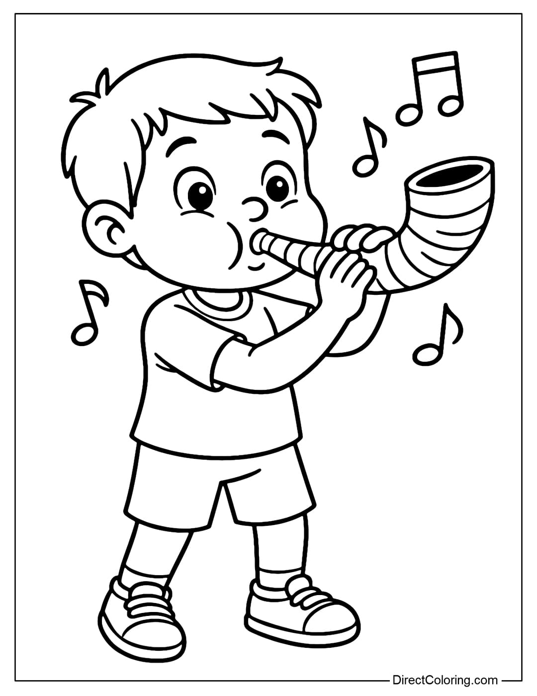 A coloring page with a cute boy blowing a shofar (lamb horn), his cheeks puffed up, and musical notes flying around.