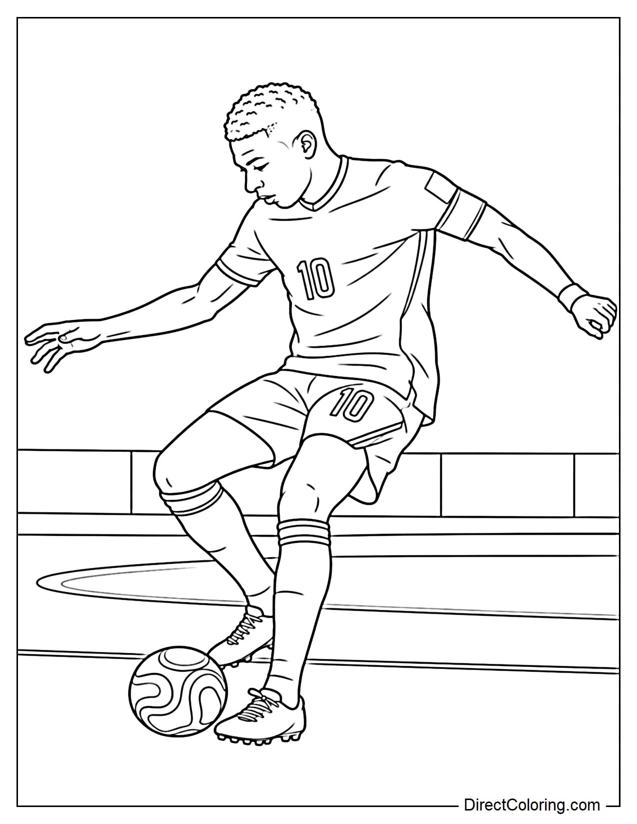 Kylian Mbappé, wearing a number 10 football jersey, is dribbling the ball on the field, arms outstretched for balance, in a focused posture.