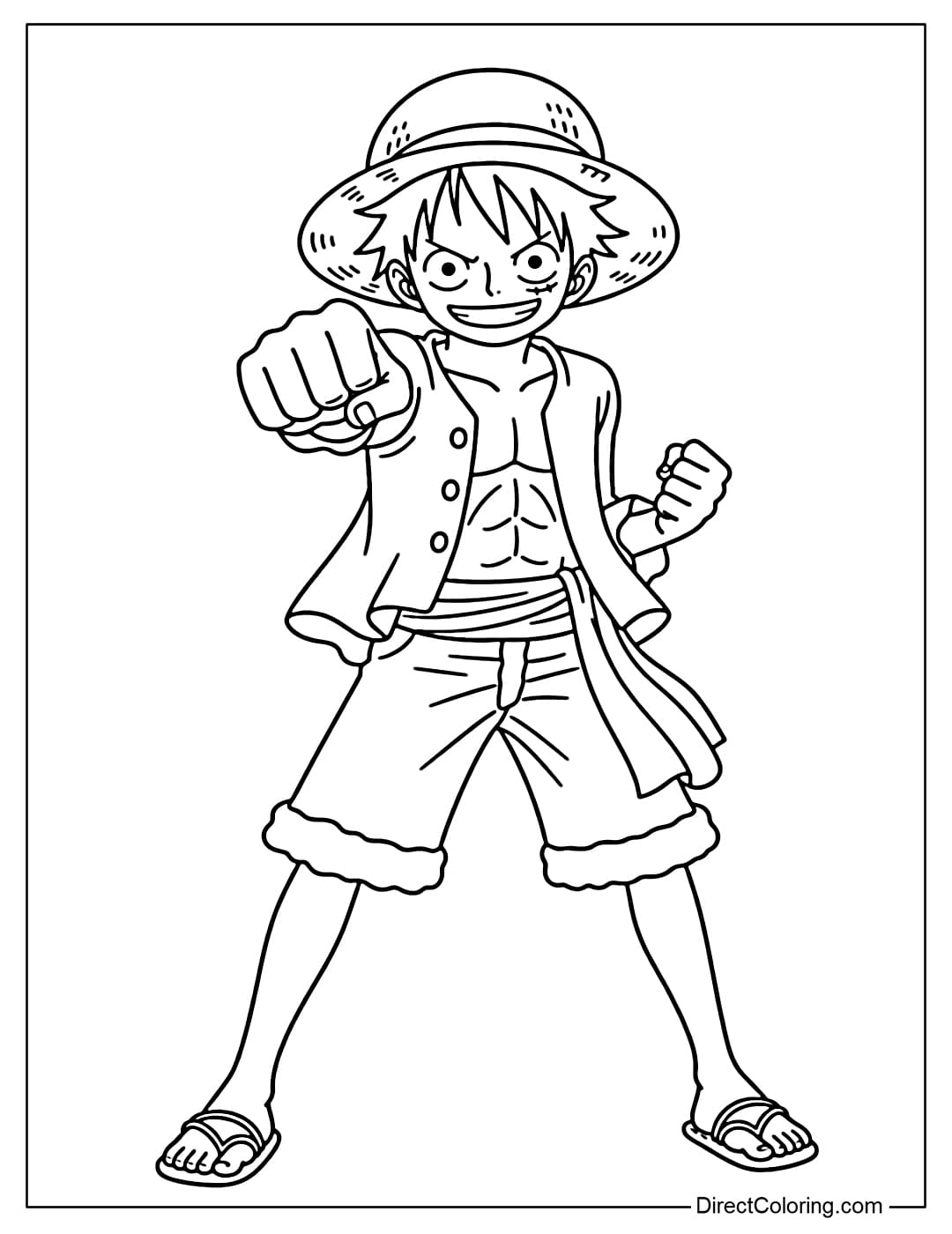 Luffy stands in a fighting stance, one hand punching forward, his posture firm, his expression confident, and his familiar attire.
