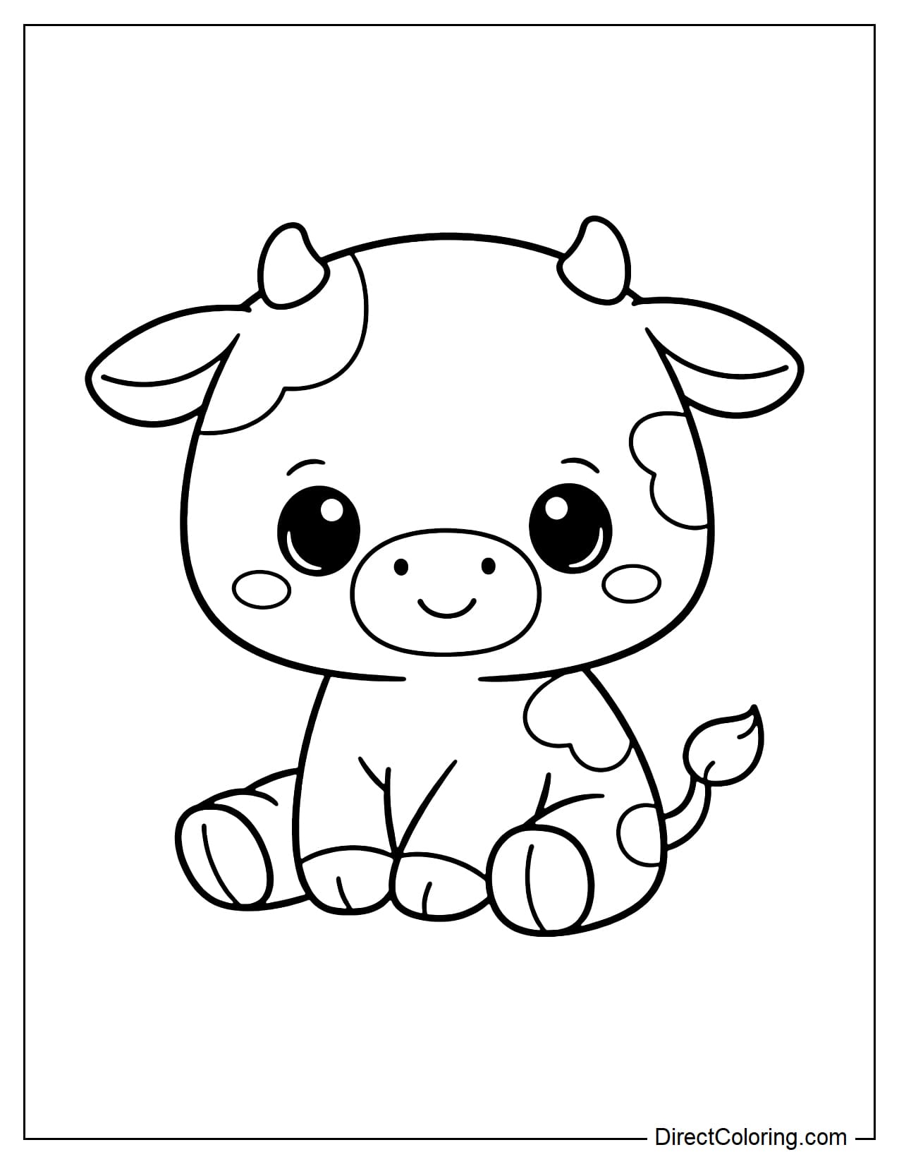 A baby cow sitting with a small, compact body and a cute, big head.