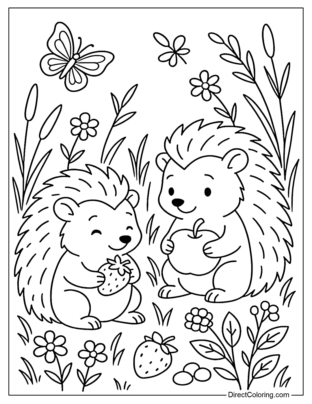 A coloring page of two little hedgehogs sitting in a meadow eating summer fruits, surrounded by butterflies, berries, and some wildflowers.