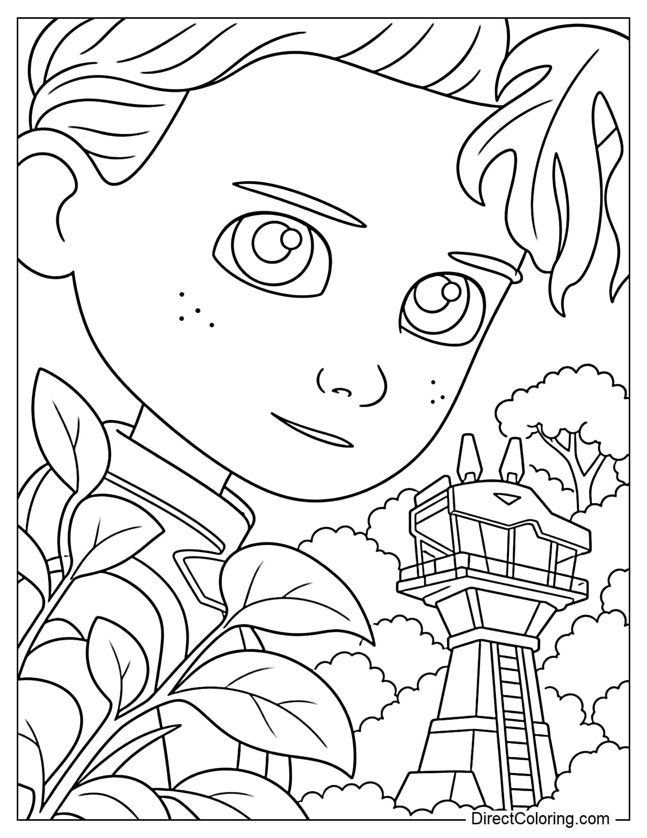 Ryder looks confidently toward the jungle lookout tower, framed by large tropical leaves and simple forest scenery.