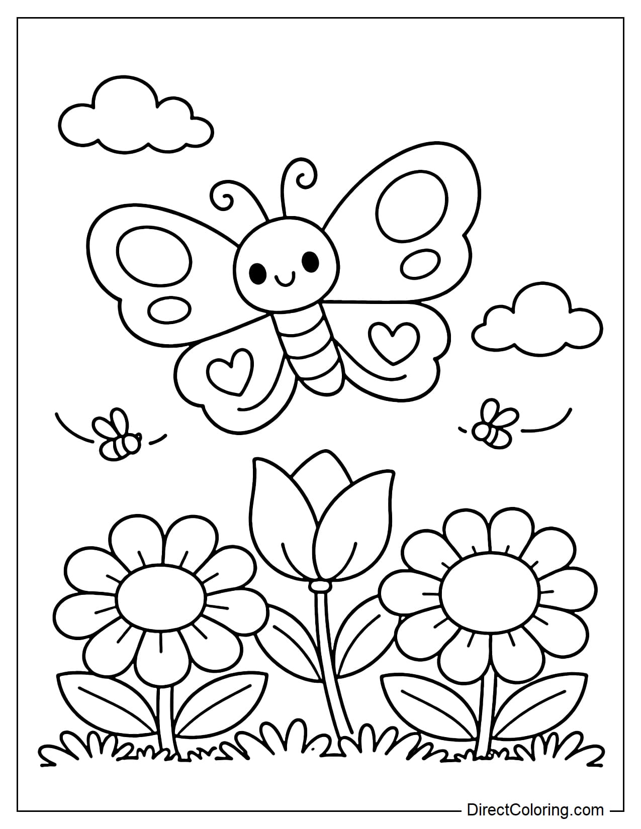 A butterfly flying above several large flowers.
