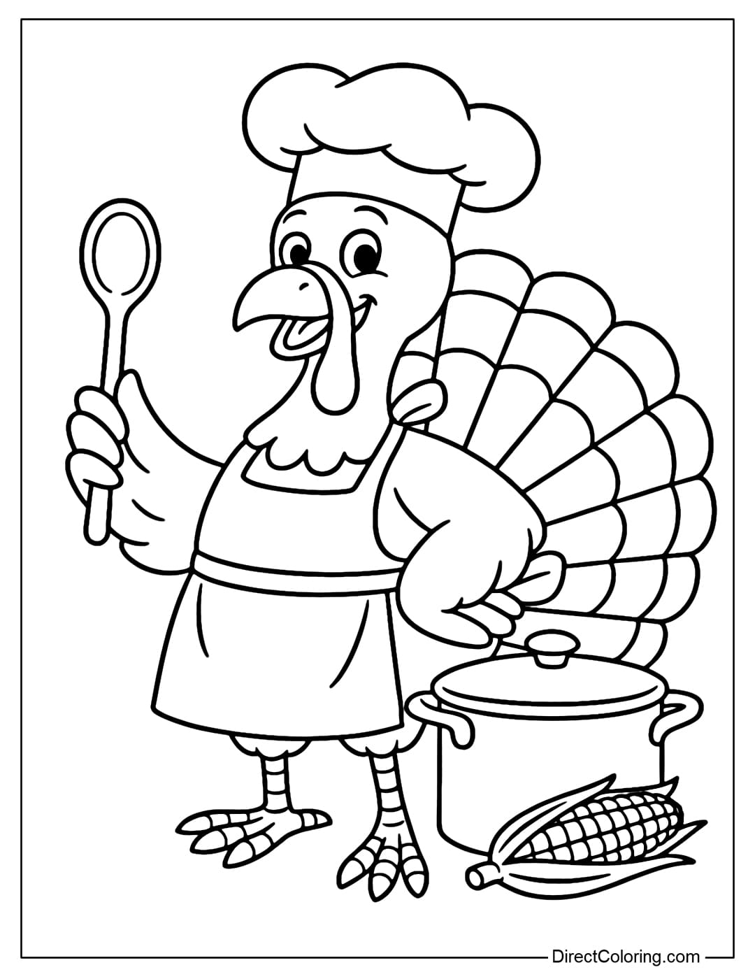 A turkey coloring page wearing an apron and a chef's hat, holding a wooden spoon, with a stew pot and corn behind.