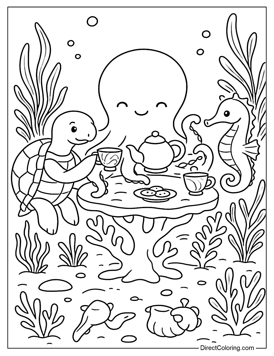 Turtle, octopus, seahorse tea party coloring page with coral table and shell cup.
