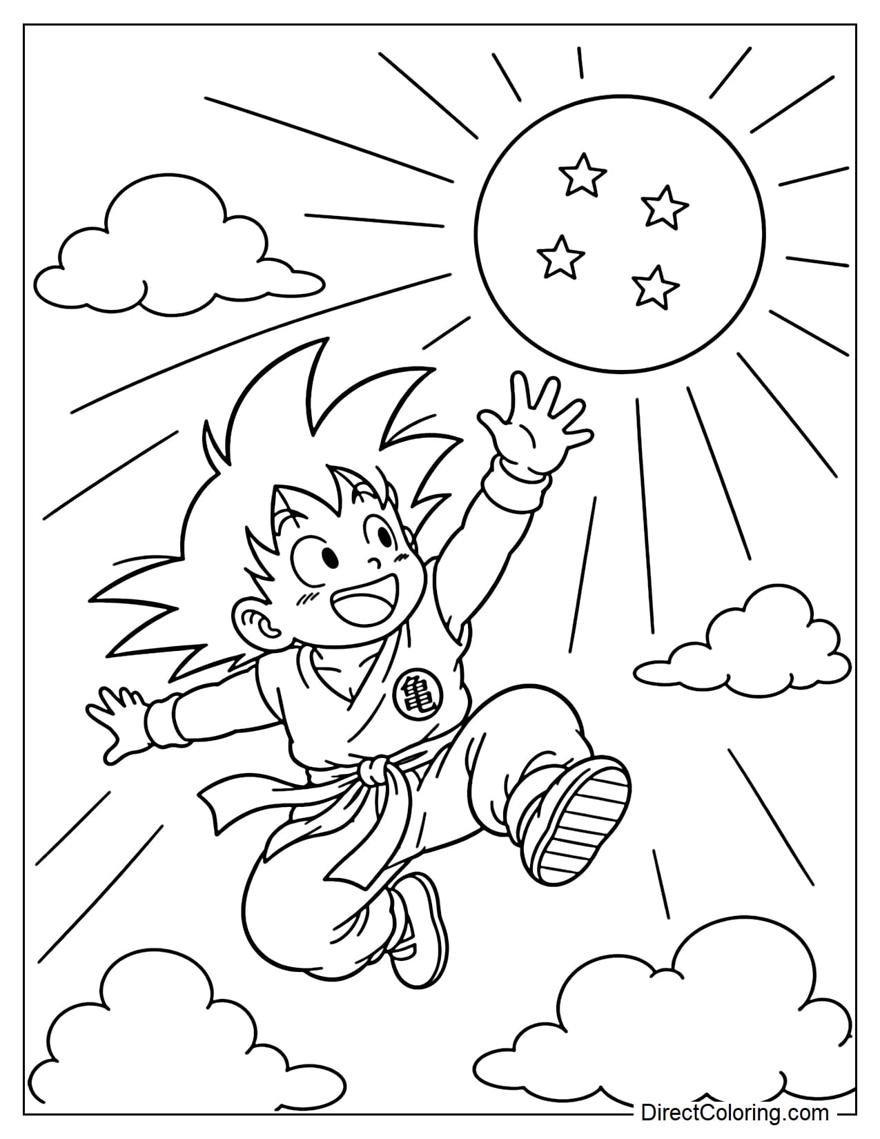 Little Goku is leaping diagonally to reach a giant Dragon Ball, his hand reaching high towards the ball, with several large clouds and beams of light behind him.