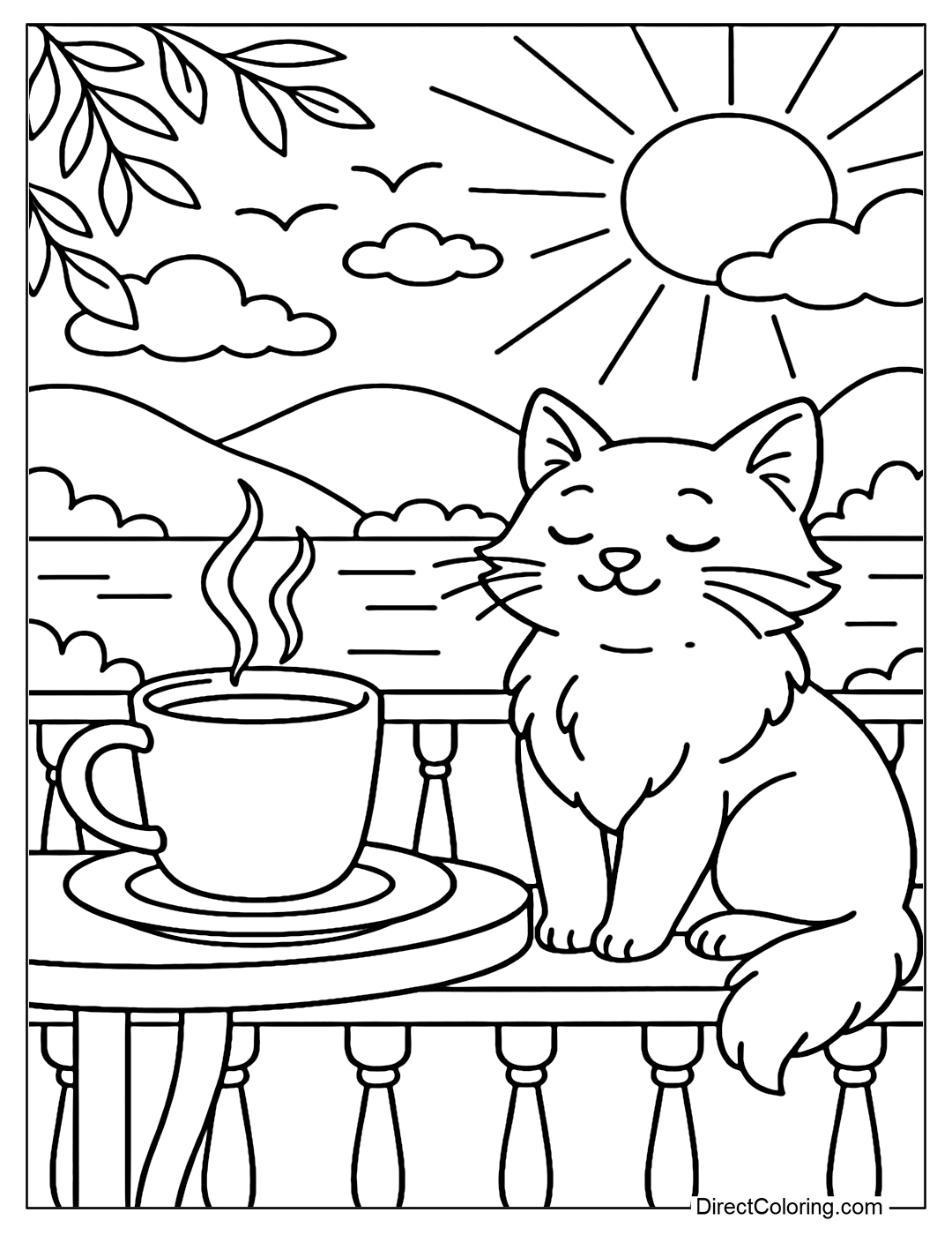 A peaceful morning coloring page with a cup of coffee and a cute cat sitting on the balcony.