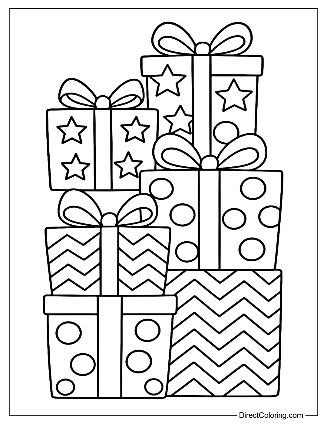 A cute gift box stack coloring page featuring several large and small gift boxes stacked slightly askew.