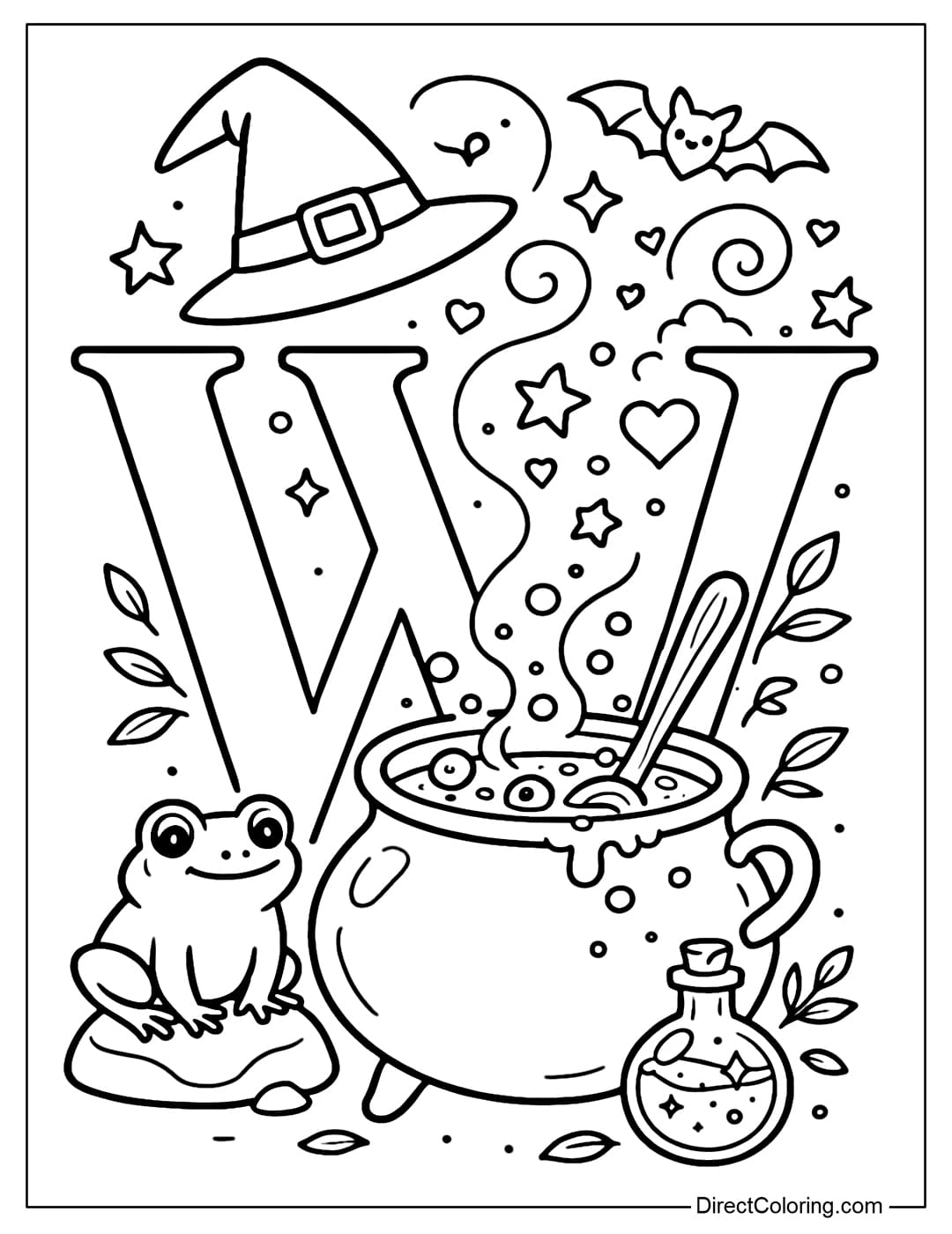The letter W coloring page with a cauldron of medicine, the smoke rising in the shape of stars and bubbles. A small frog sitting next to it, round eyes cute.