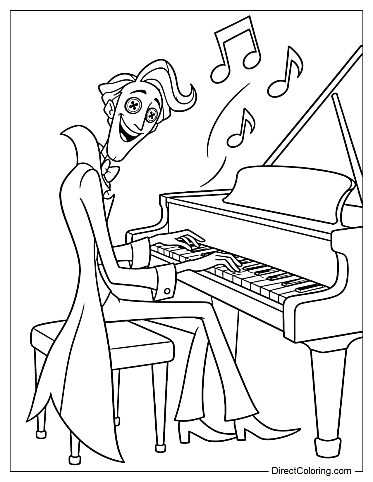 Other Father sits at a large piano and plays cheerfully with both hands on the keys, while a few large musical notes float above the instrument.