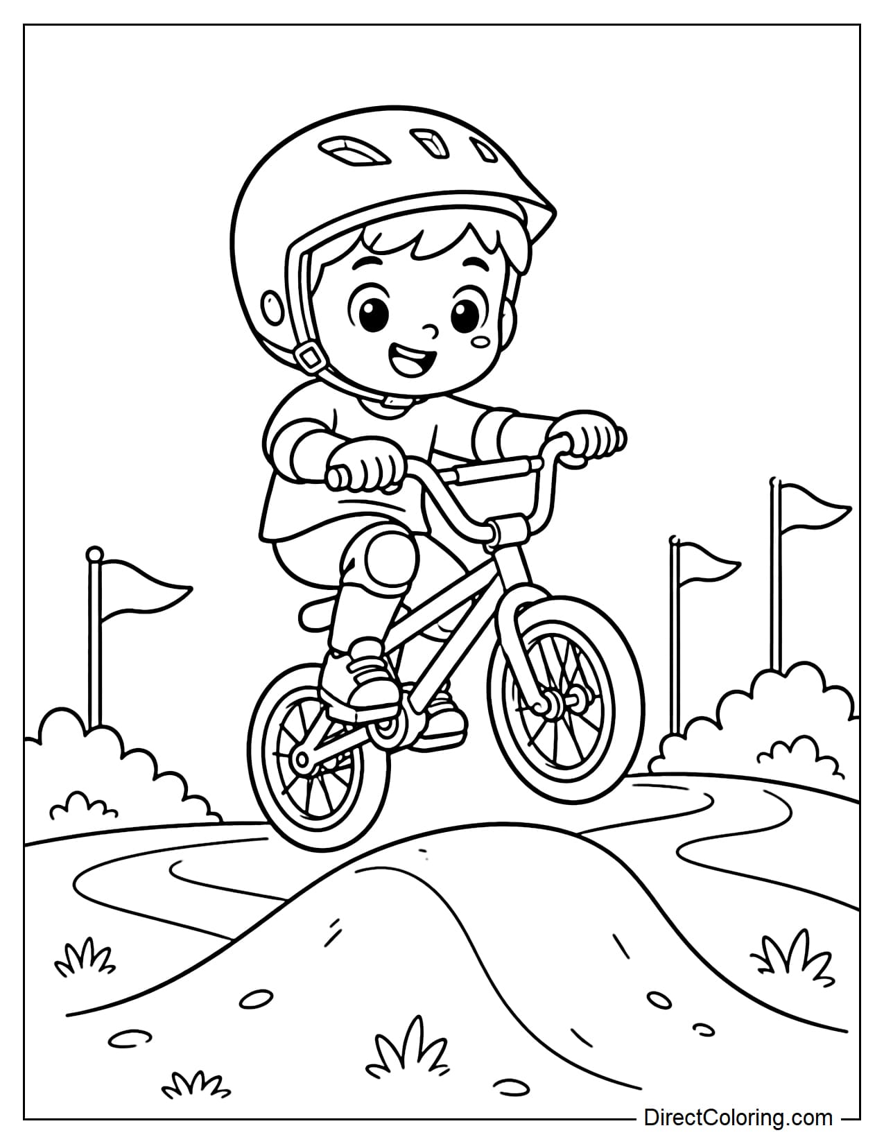 A little boy rides a BMX bike over a small dirt mound in an outdoor biking area. He wears a helmet, with a few small flags, grass patches, and a simple trail behind him.