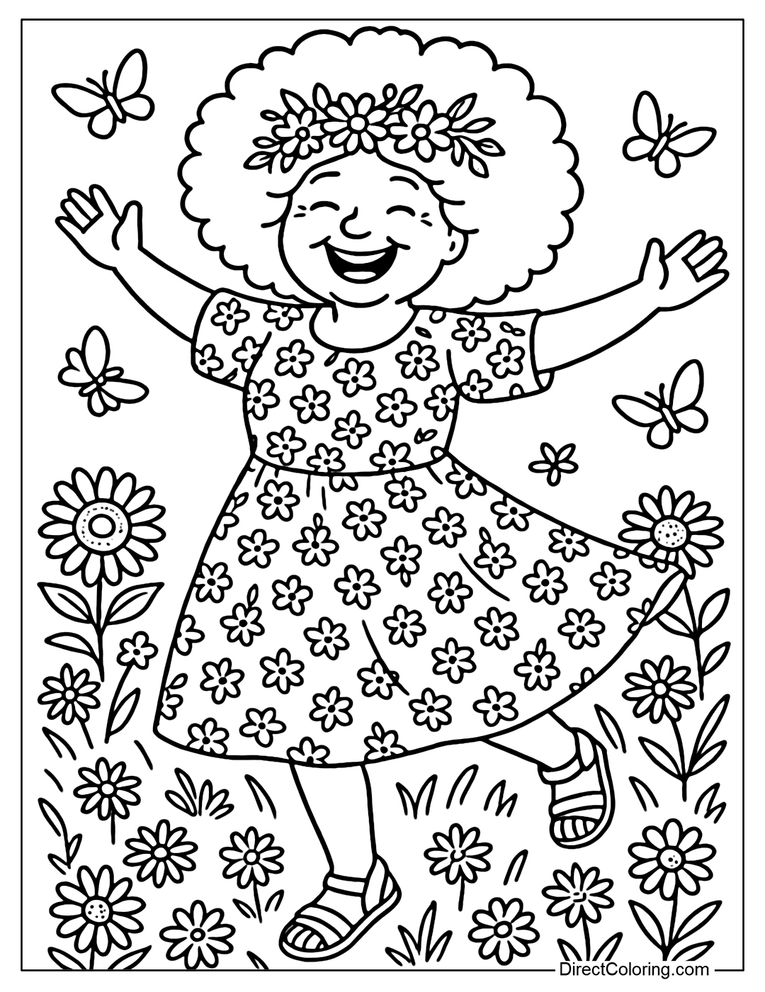 Coloring Page Grandma dances in the flower garden, smiling brightly.