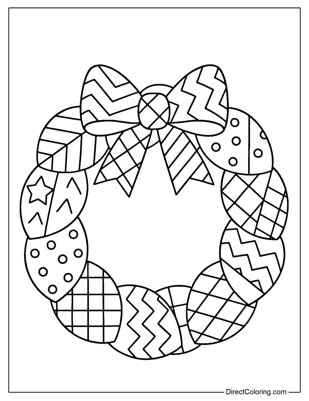 Patchwork coloring page Christmas wreath is made from large oval patchwork pieces.