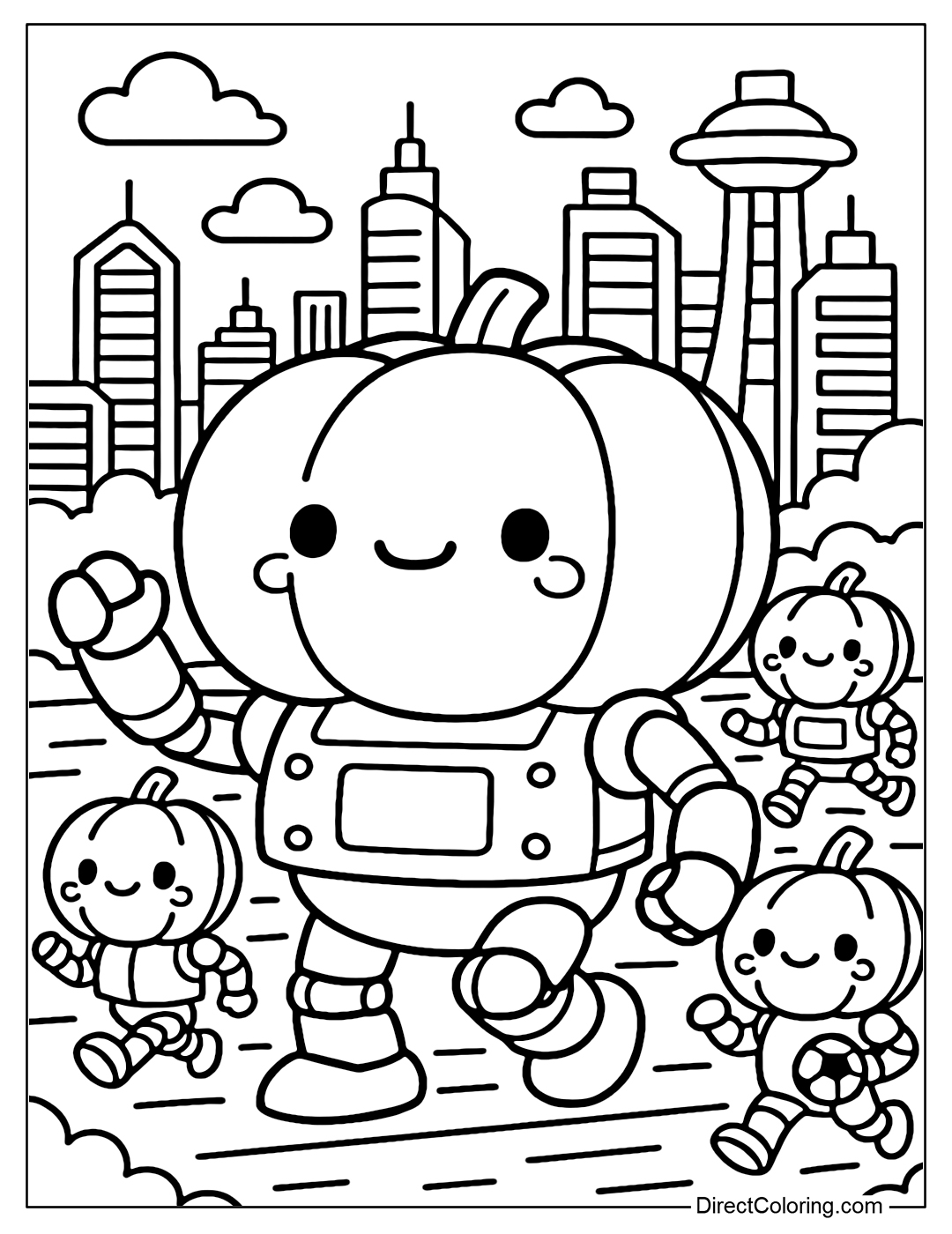 A robot pumpkin parade coloring page in the future city.