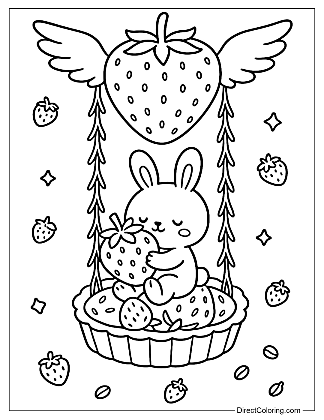 A swing coloring page with a flying strawberry, a cute little pig holding a big strawberry.