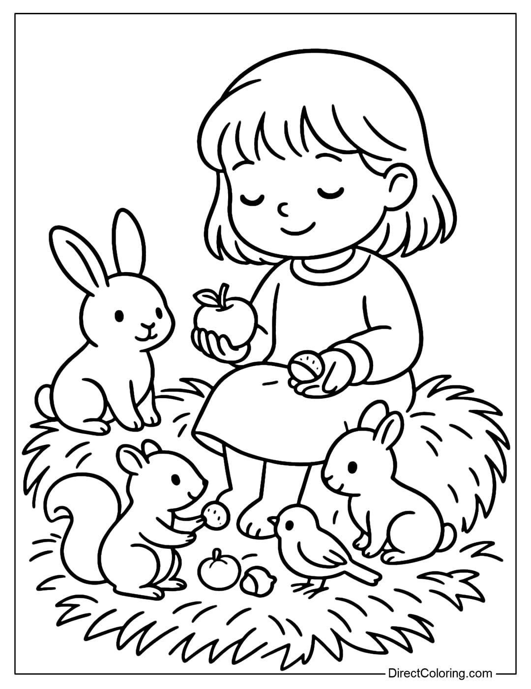 Coloring page of a little girl sitting on a pile of yellow straw, surrounded by rabbits, squirrels, and sparrows sharing apples and chestnuts.