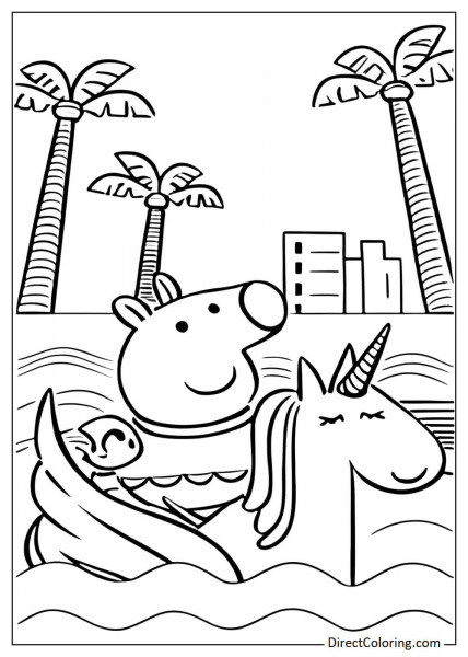 Peppa Pig sitting on a unicorn float to color