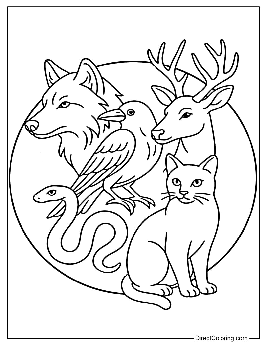 Coloring page of sacred animals: wolf, crow, snake, deer, black cat in a circle.