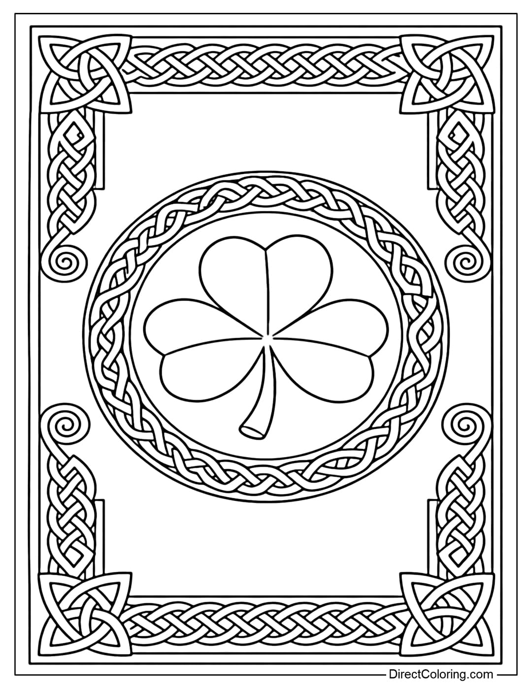 A coloring page with a shamrock bordered by a simple Celtic border in a traditional Irish style.