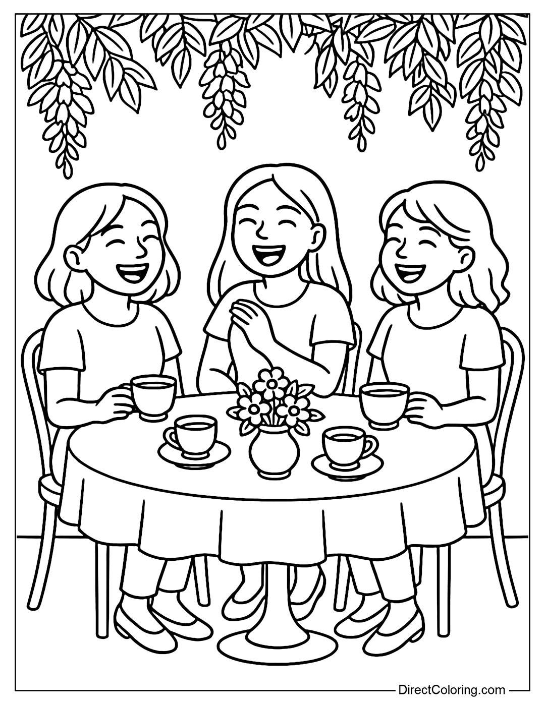 Coloring page of three girls sitting at an outdoor coffee table, cups of tea, cakes, flowers decorated on the table; They were smiling brightly, chatting animatedly