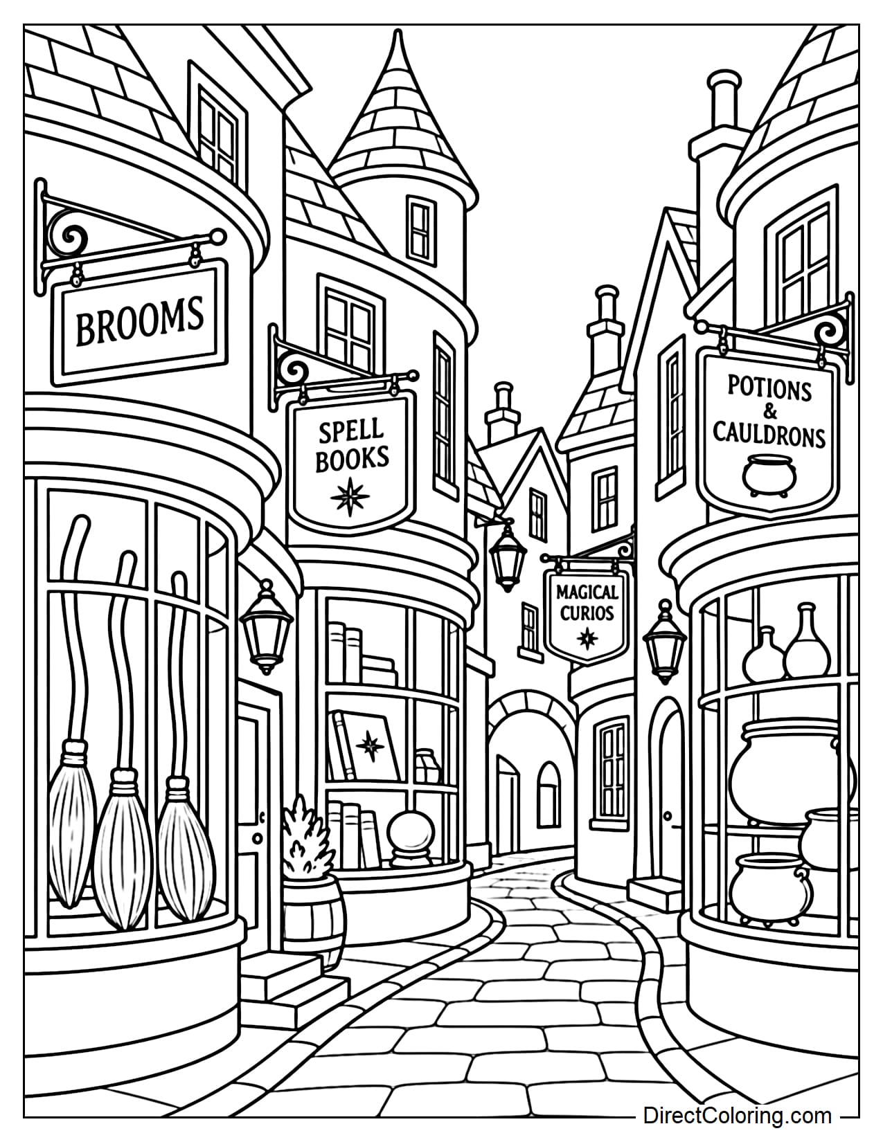 A section of Diagon Alley features several wizard shops, with broomsticks, spellbooks, and large cauldrons displayed outside, while a curved street leads through the middle of the magical shopping area.