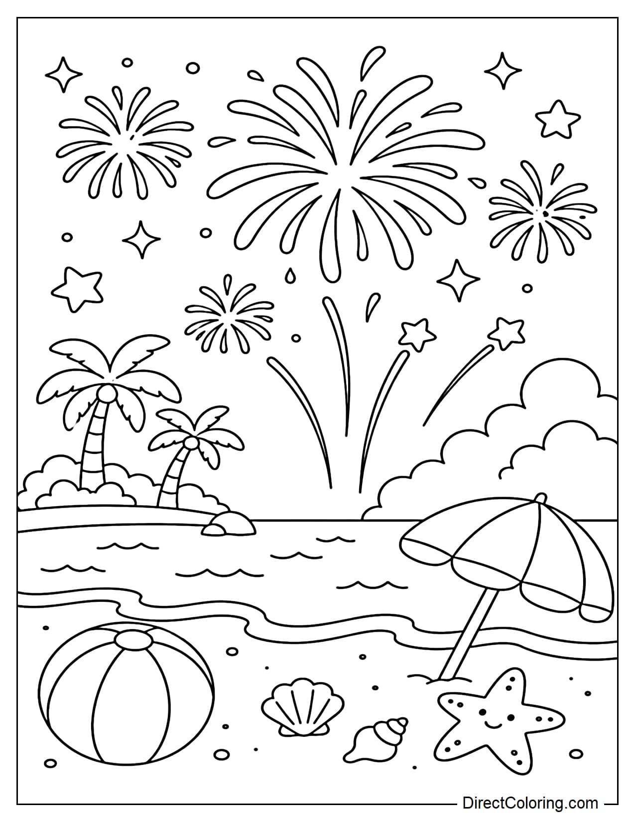 Summer fireworks explode above a small beach, with simple waves, beach balls, and a few large sparks.