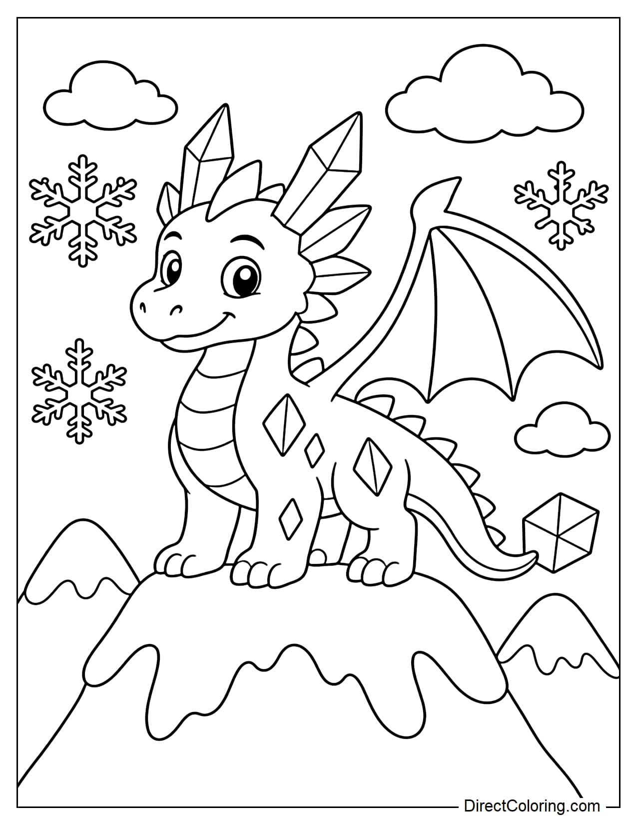 An ice dragon is standing on a snowy mountain peak, with large crystal-shaped horns, wings divided into broad sections, and a tail ending in an ice-like shape. Around it are snowflakes, mountains, and clouds.