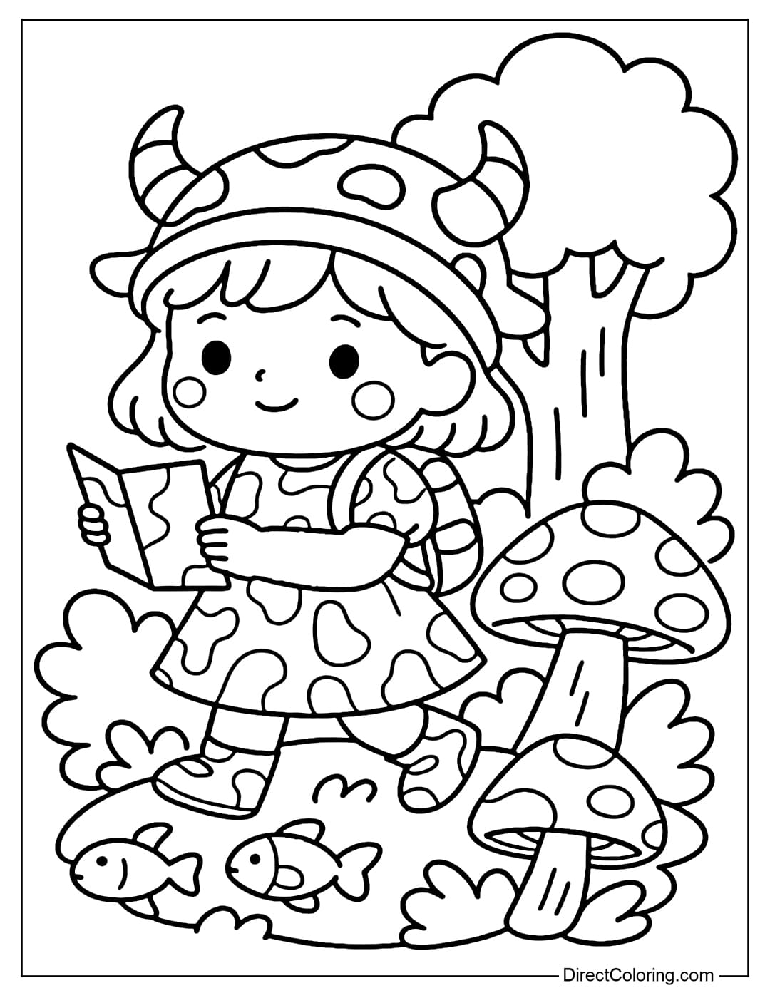 A lovely Taurus coloring page wearing a cow dress, a buffalo horn hat, a small backpack, and a map, is adventuring in a dense forest.