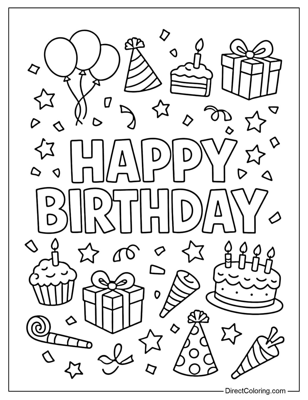 A coloring page of the words HAPPY BIRTHDAY, with many birthday symbols: cake, balloons, gifts, hats, stars, and a trumpet.