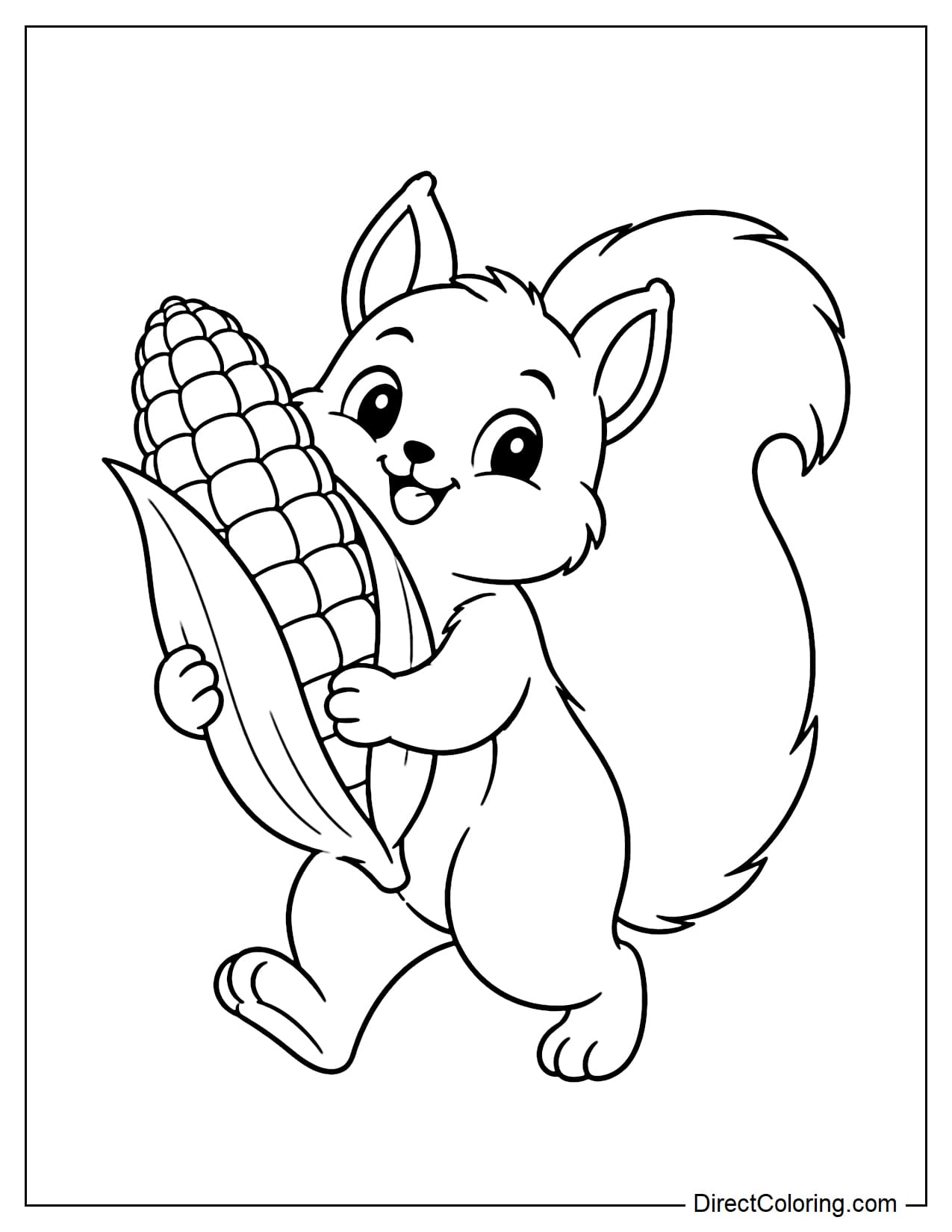 A small squirrel walks happily while hugging a large corn cob in front of its body.