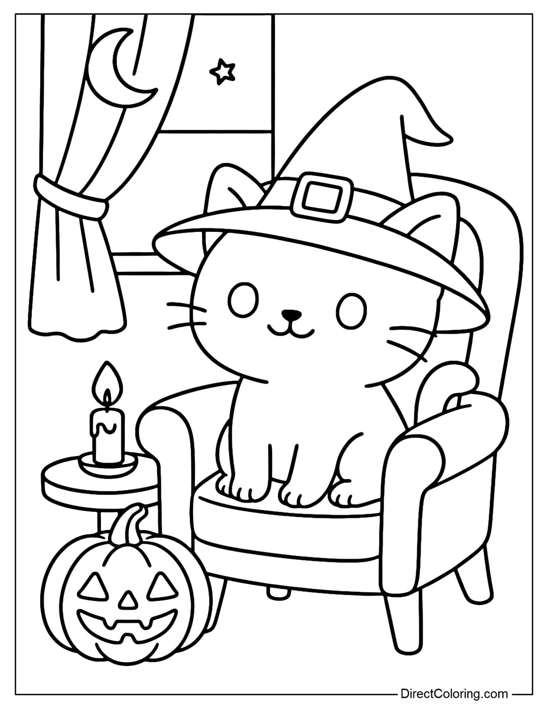 A coloring page of a little black cat wearing a witch's hat, sitting on an armchair in a Halloween room with a pumpkin lantern, a moon curtain, and a small candle on the table.