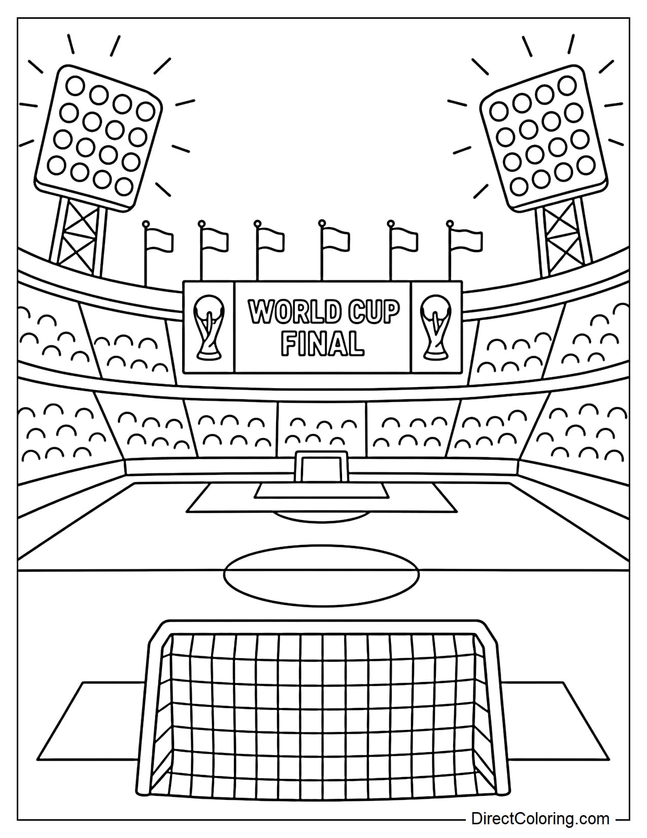 The large stadium used in the World Cup final, featuring prominent goalposts, flags, and stadium lights.