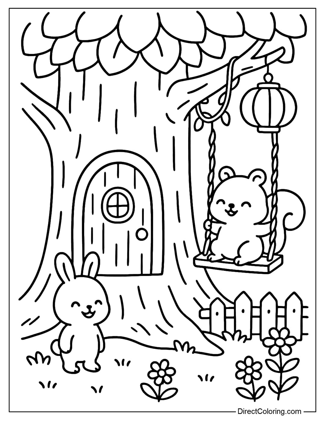 Tree Stump with Swing Coloring Page A tree stump coloring page with a swing made of vines, with squirrels and rabbits playing.